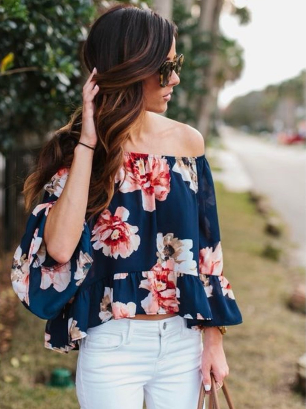 VTG Viscose Silk-Off/On Shoulder Navy Floral blouse-NWOT-Sz M-Datenight-Wedding😍